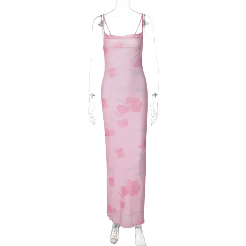 LIZAKOSHT  -  y2k Long Dress Women Summer Floral Print Spaghetti Strap Sleeveless Mesh Bodycon Dress 2000s Party Dresses Clubwear