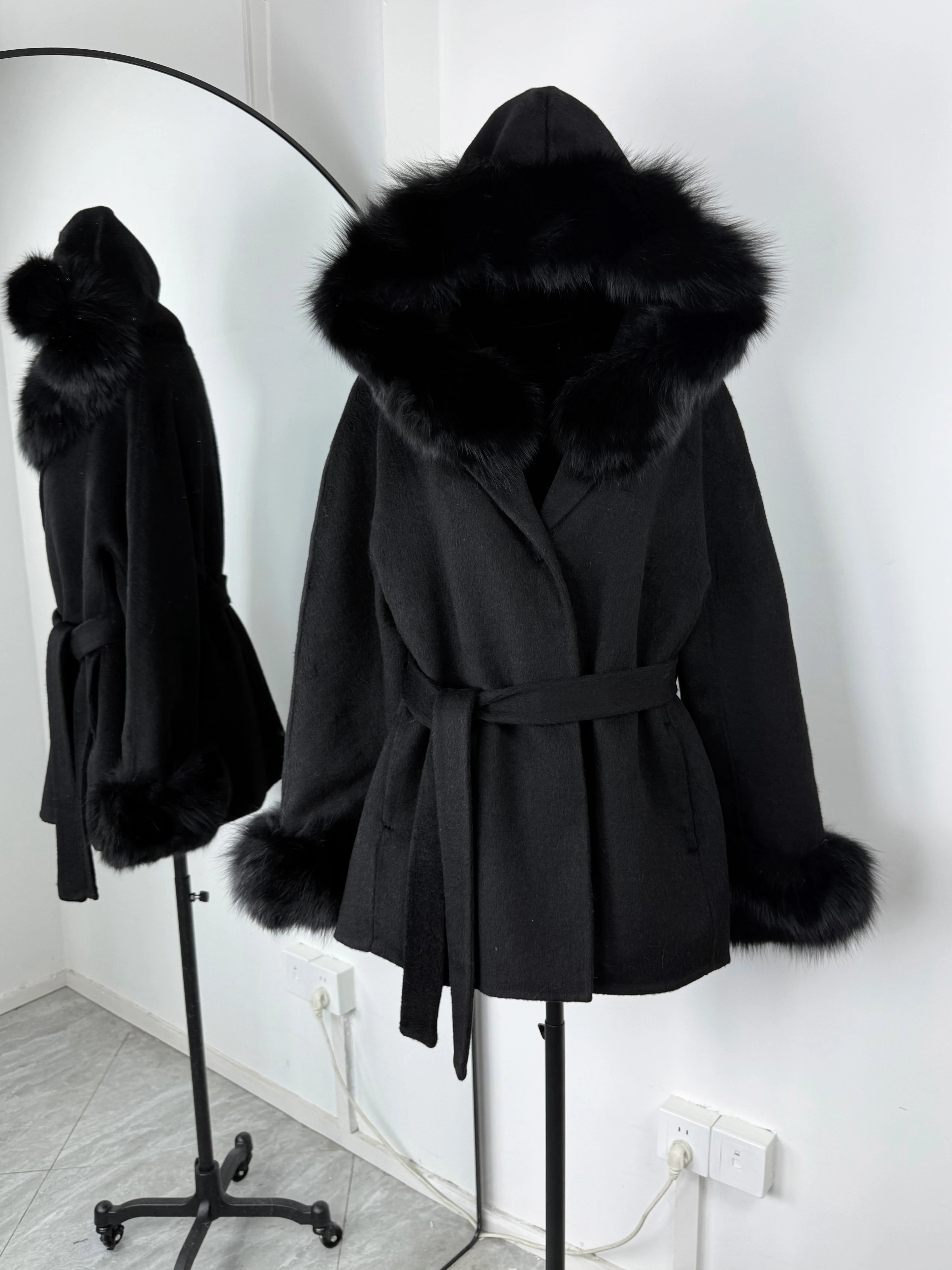 LIZAKOSHT  -  Elegant Lace Up Fur Patchwork Coat Women Loose Solid Long Sleeve V-neck Open Stitch Coats Female Autumn Fashion Jacket