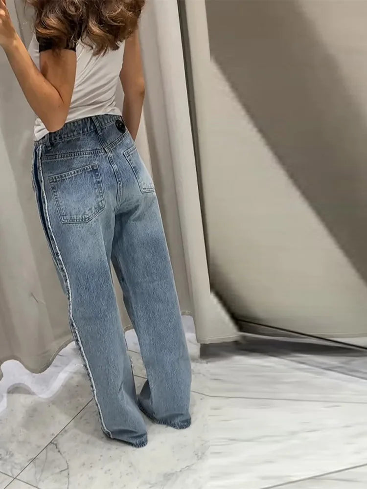 LIZAKOSHT  -  Street Tassel Loose Jeans Women Contrast Straight Long Pockets High Waist Denim Trousers Female Fashion Autumn Lady Bottoms
