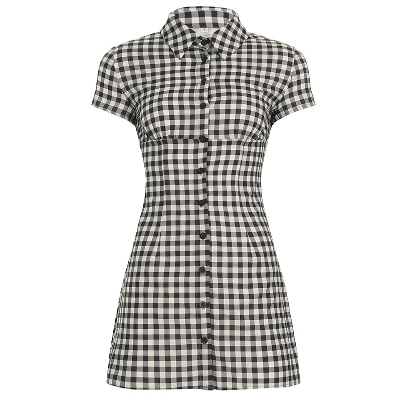 LIZAKOSHT  -  French Style Plaid Straight Mini Dress Elegant Single-breasted Short Sleeve Bodycon Robe Back Shrried Slim Outfit Retro