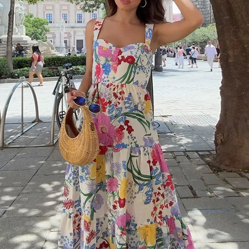 LIZAKOSHT  -  Elegant Floral Print Strap A-line Dress Summer Chic Waist Suspender Beach Dress Women New Tube Tops Sleeveless Long Dress