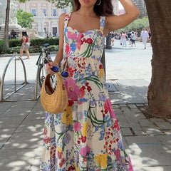 LIZAKOSHT  -  Elegant Floral Print Strap A-line Dress Summer Chic Waist Suspender Beach Dress Women New Tube Tops Sleeveless Long Dress