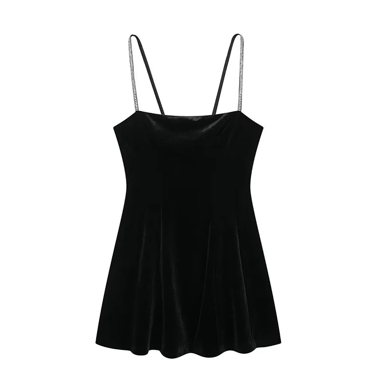 LIZAKOSHT  -  Velvet Halter Dress Black Sexy Slim Fit Elegant Straight Collar Waist Cinched Short Dresses Camisole Evening Gown Women's Wear