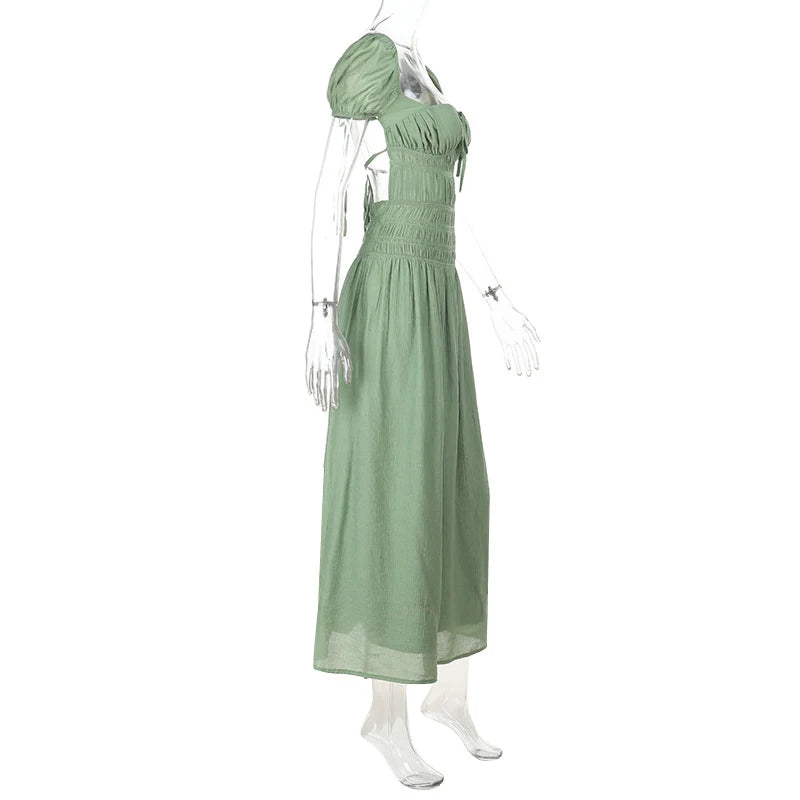 LIZAKOSHT  -  Summer Square Neck Short Sleeved Women's Party Dress Casual Beach Long Dresses Sexy Backless Lace Up Pleated Holiday Dress