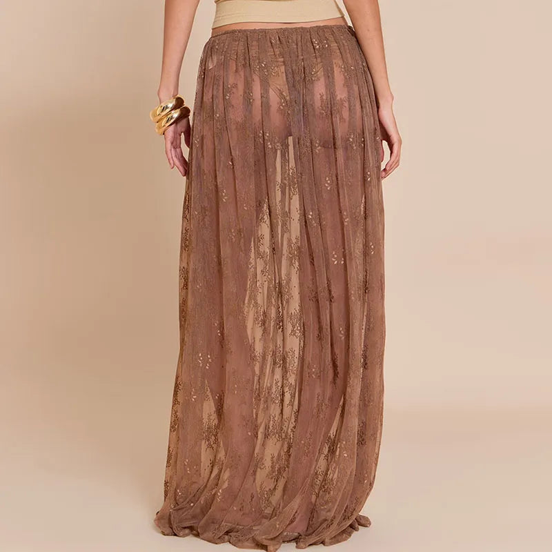 LIZAKOSHT  -  Coquette Grunge Sheer Lace Maxi Skirt Built-in Thongs Design Low Elastic Waist Flowy Skirt Elegant Lady Grunge See-Through Skirt