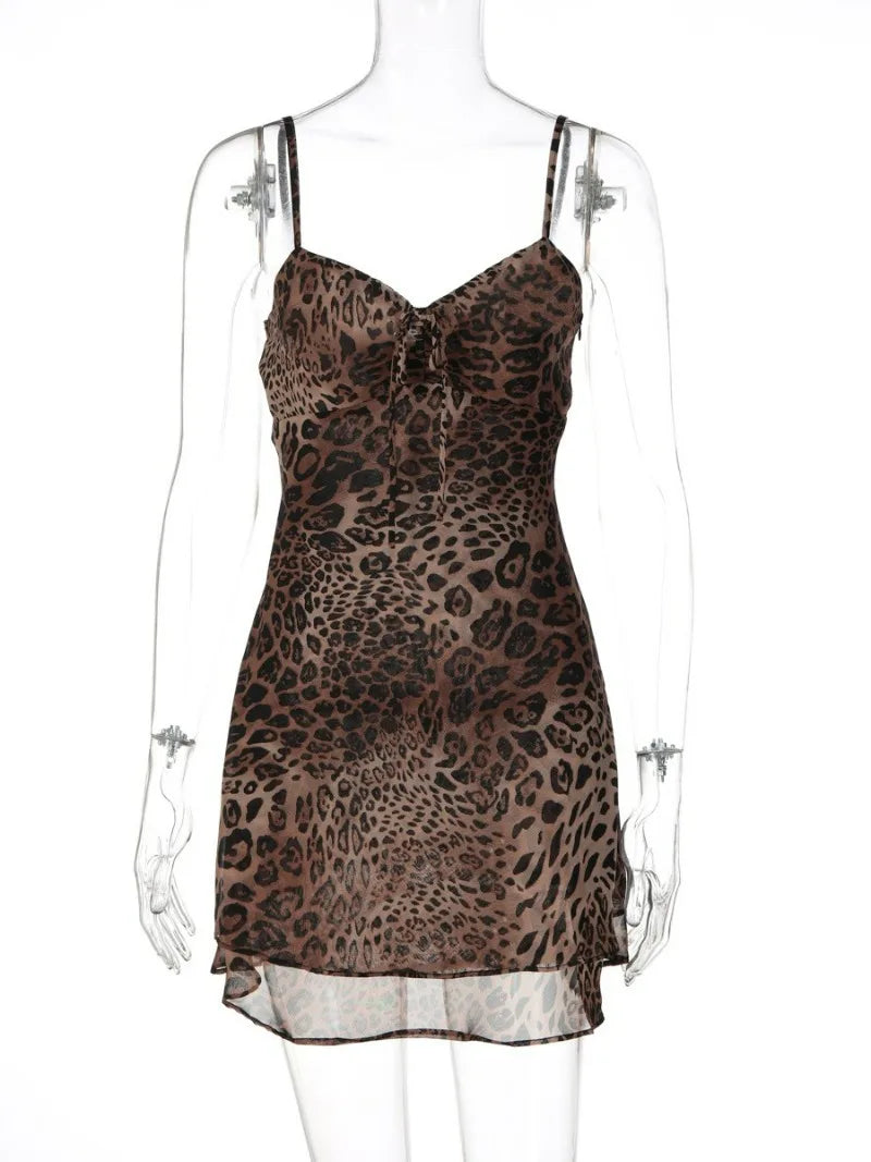 LIZAKOSHT  -  Women Sexy Leopard Print Chiffon Vacation Dress Streetwear Summer Girls Spaghetti Strap Backless Party Club Dresses