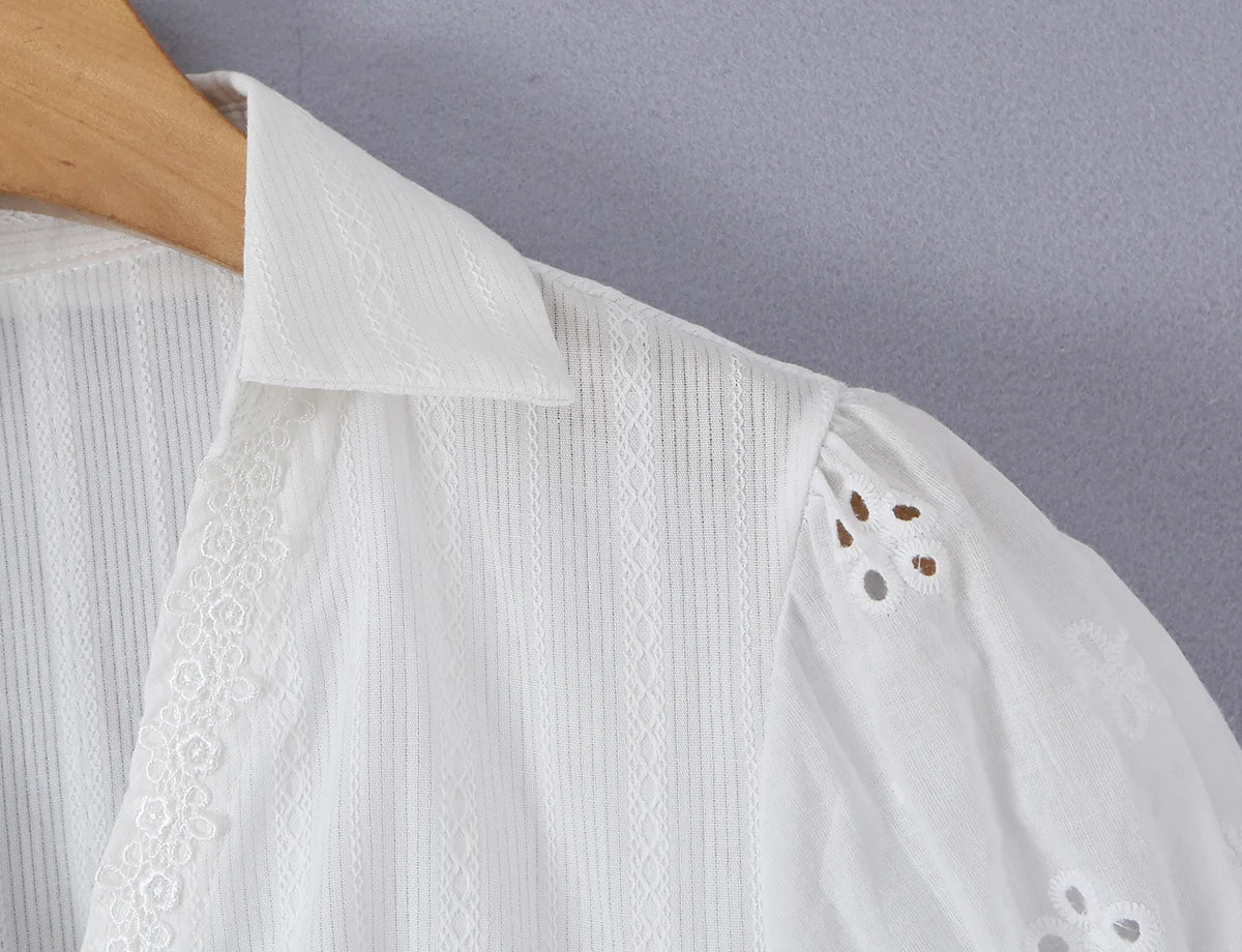 LIZAKOSHT  -  CHIC White Embroidery Flower Hole Lapel V Collar Short Puff Sleeve Shirt Women Bow Lacing Up Front Side Zipper Blouse Crop Tops