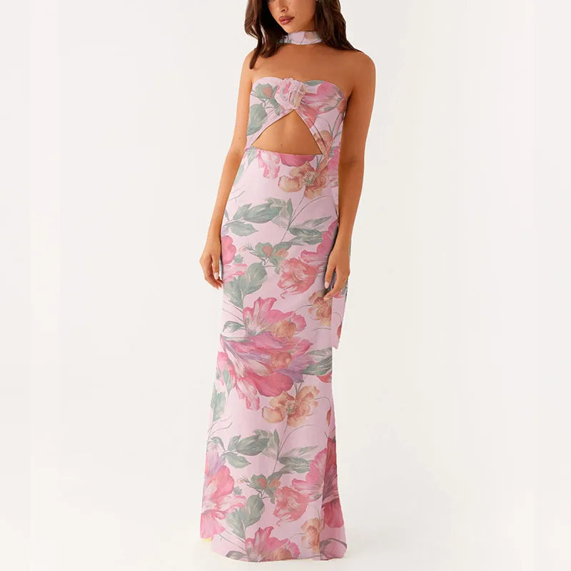 LIZAKOSHT  -  Women 3D Floral Tube Strapless Maxi Bodycon Dress with Scarf Sexy Club Party Y2k Summer Backless Mesh Long Dresses