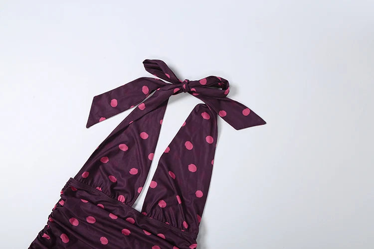 LIZAKOSHT  -  Polka Dot Print 2-Piece Set Hakter Bandage Backless v-Neck Vest+Folds Elastic Waist Skirt Vacation Elegant Suits