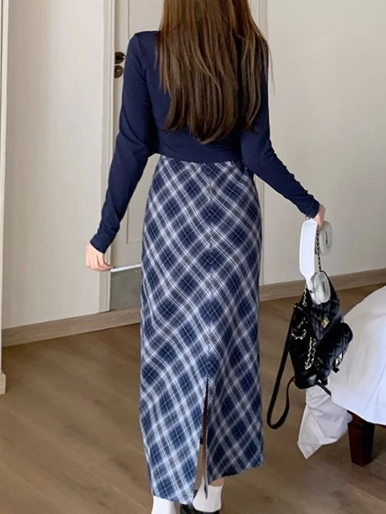 LIZAKOSHT  -  New in 2 Piece Set Spring Summer Fashion Skirt Sets Solid Color Tops Elegant Korean Version Checkered Commuter Women's Clothing