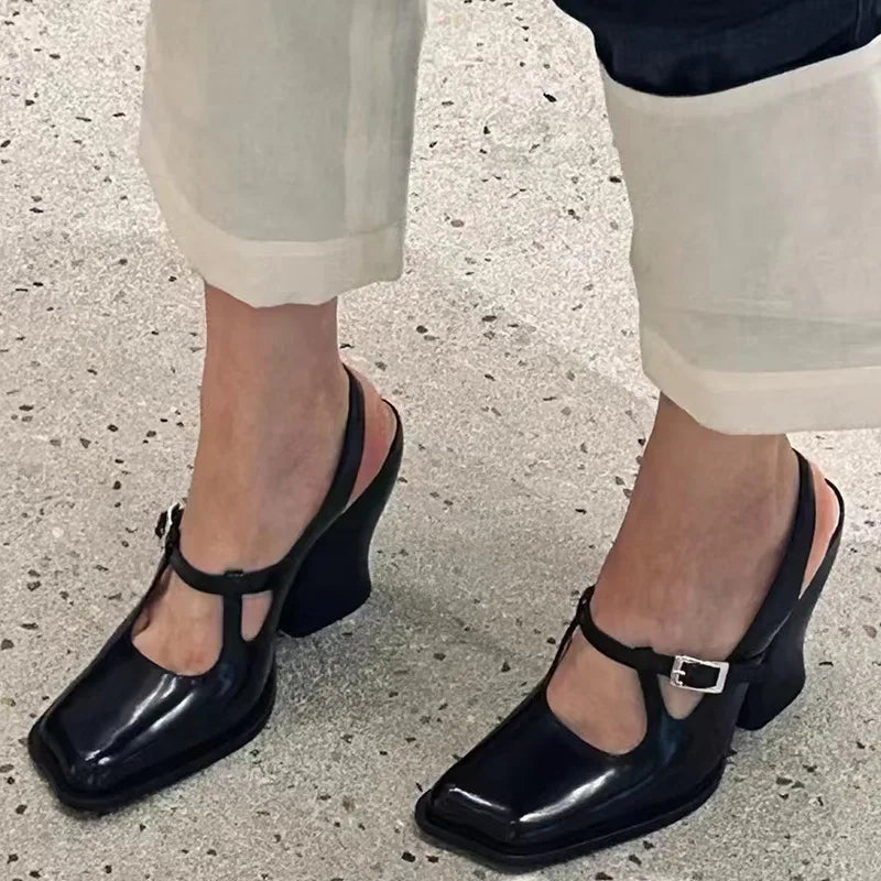 LIZAKOSHT  -  Fashion Black Patent Leather Mary Janes Slingbacks Women Pumps Spring Summer Wave Toe Chunky High Heels Office Lady Daily Shoes