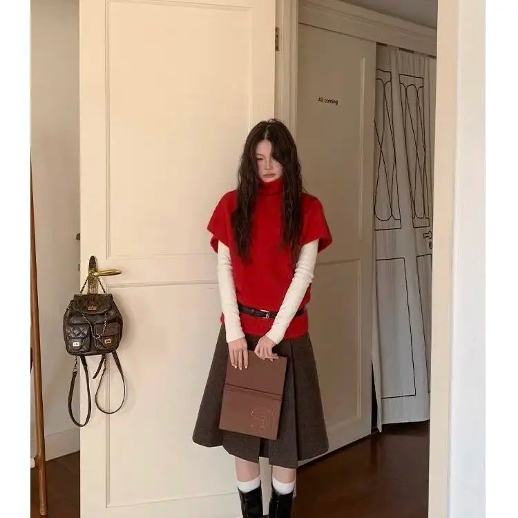 LIZAKOSHT  -  Women Funnel-Neck Knitted Vest Solid Autumn Casual with A Belt Sleeveless Sweater Elegant Woman Vintage Knitwear Waistcoat