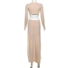 LIZAKOSHT  -  Fashion Women 2 Piece Set O Neck Long Sleeve Backless Asymmetrical Extra Long T-shirts Tops + Ruched Bodycon Maxi Skirts Suits