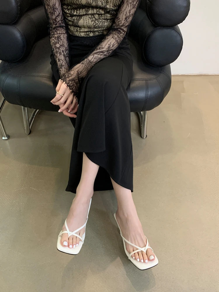 LIZAKOSHT  -  Summer High Heels Slipper Women Sandals French Style Lazy Style Narrow Band Slipper Design Slides Vacation Flip Flops Mujer