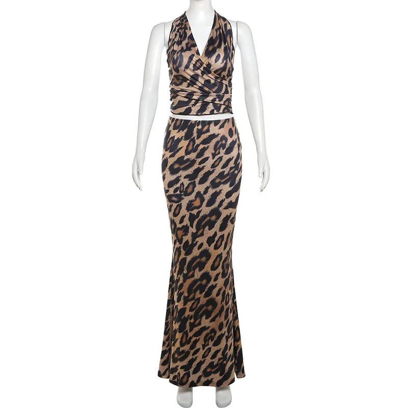 LIZAKOSHT  -  Leopard Print Bodycon Women Y2K Maxi Dress Set Summer Halter Backless Wrap Crop Top Long Skirts Two Piece Matching Sets Outfits
