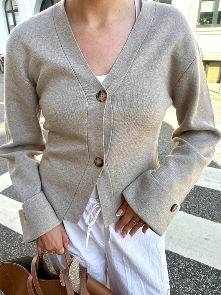 LIZAKOSHT  -  Sexy V-neck Women's Sweater Solid Long Sleeve Single Breasted Bottons Short Sweaters Female 2025 Autumn Casual Lady Open Stitch