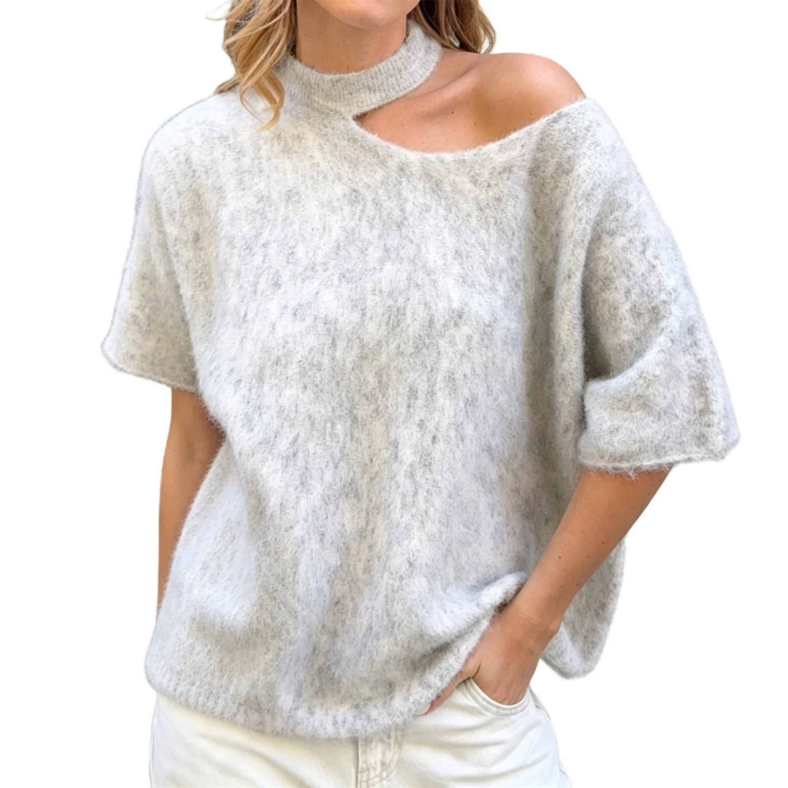 LIZAKOSHT  -  Women Vintage Fluffy Asymmetrical Cold Shoulder Knit Top Hollow Choker Neck Loose Casual French Daily Sweater Blouse