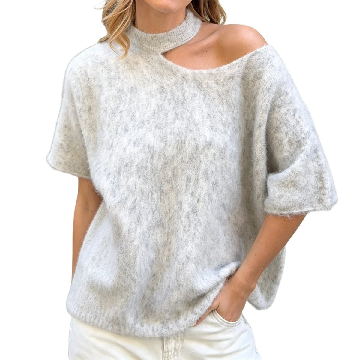 LIZAKOSHT  -  Women Vintage Fluffy Asymmetrical Cold Shoulder Knit Top Hollow Choker Neck Loose Casual French Daily Sweater Blouse