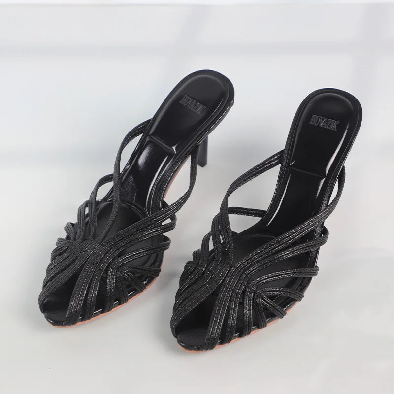 LIZAKOSHT  -  Summer Hollowed Out High Heels Mules Shoes for Women Luxury Golden Cross Woven Design Formal Party Brand Ladies Modern Sandals
