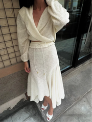 LIZAKOSHT  -  Irregular Ruffled Hem Long Skirt Women Suits V-shape Lapel Long Sleeved Shirt 2-pieces Sets 2024 New Ladies Highstreet Outfits