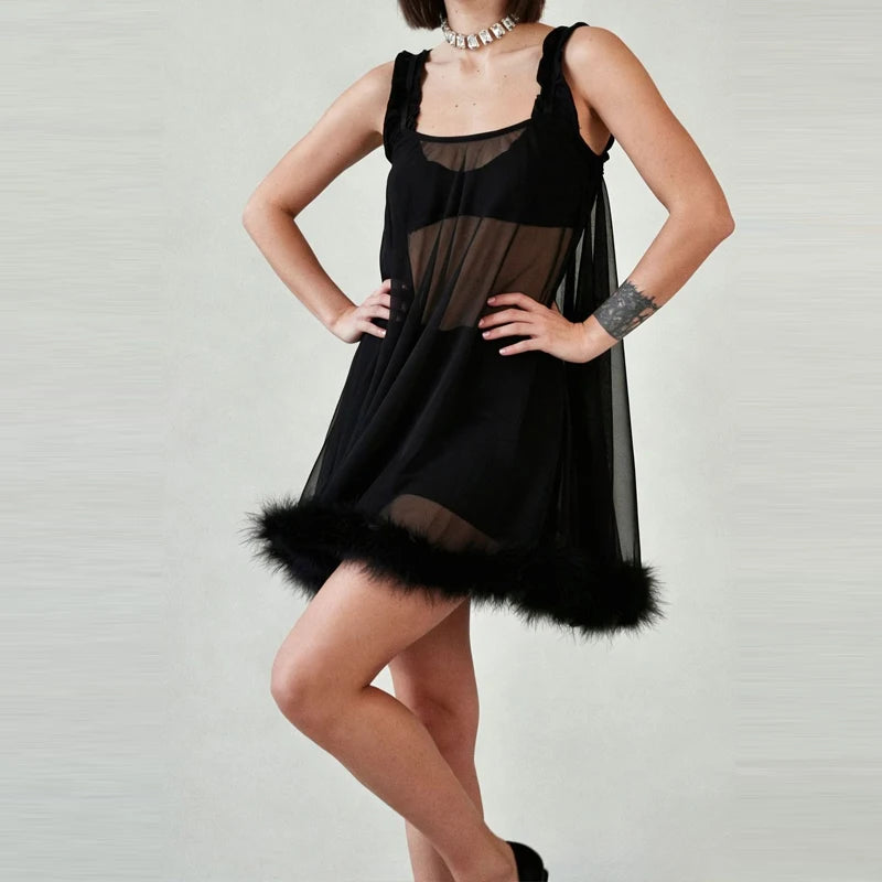 LIZAKOSHT  -  Sexy U Neck Mesh See-through Mini Dress Elegant Solid Sleeveless Hollow Out Lace Short Dress Hot Girl Black Cocktail Party Dress