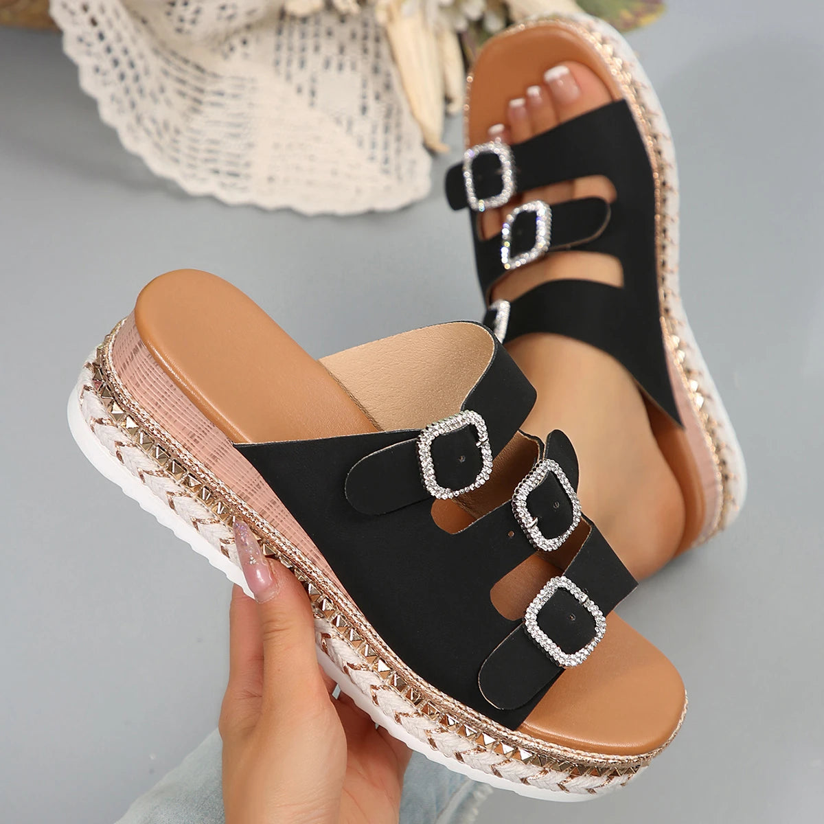 LIZAKOSHT  -  Women Closed Toe Summer Shoes New Comfort Double Buckle Wedge Ladies Sandals Plus Size Platform Casual Slippers Women