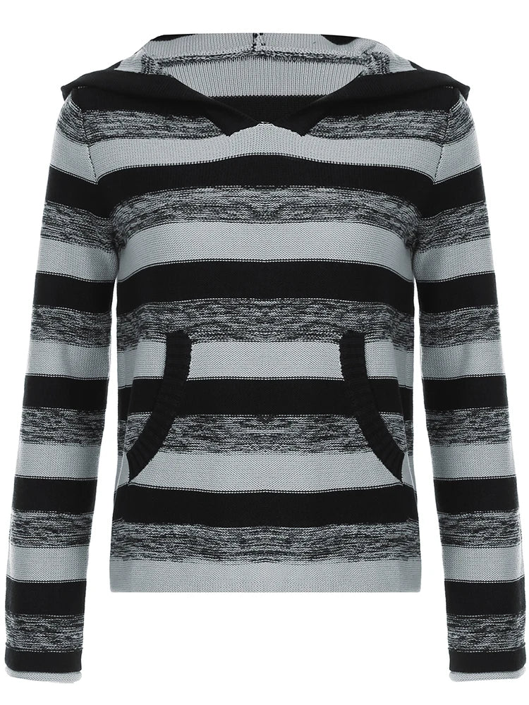 LIZAKOSHT  -  Striped Contrast Hoodie Sweater Fall Winter Y2K Aesthetic V-neck Jumper Tops for Women Casual Knit Pullovers Vintage
