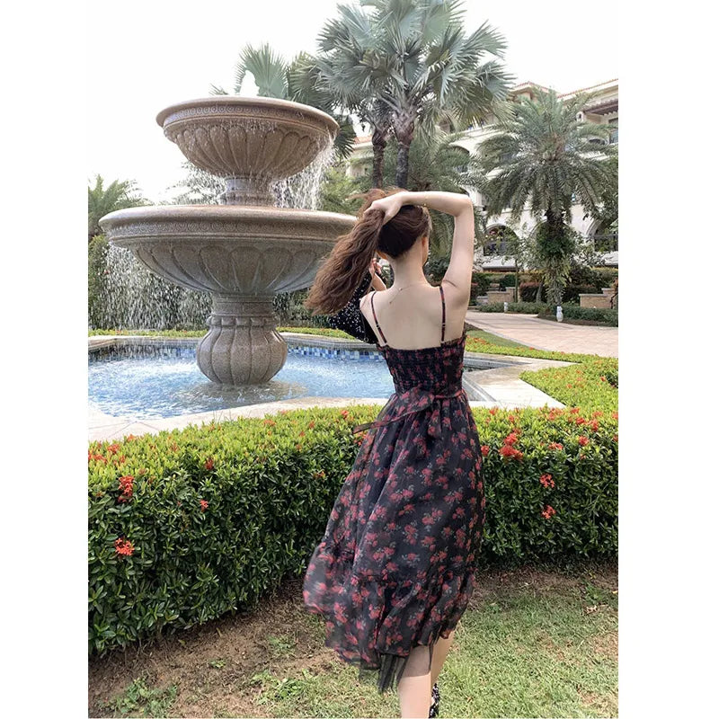LIZAKOSHT  -  Summer Black Slip Dress Off Shoulder Printing Patchwork Midi Dresses  Temperament Women Clothing Floral Holiday Beach Dress