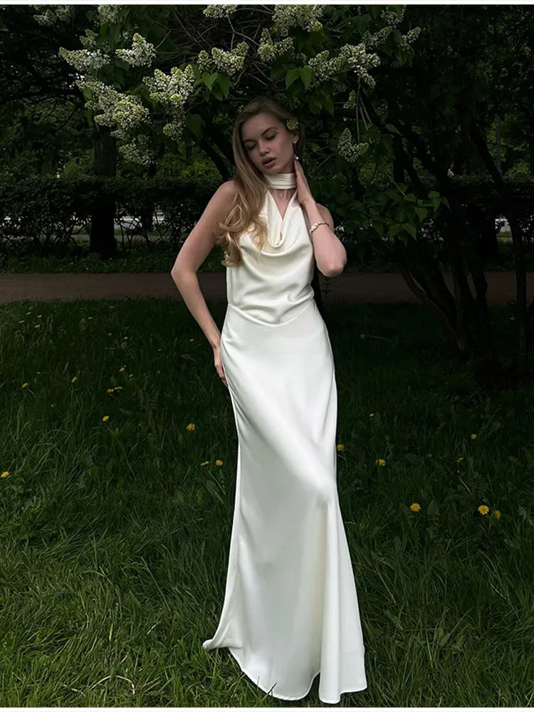 LIZAKOSHT  -  Sexy Hanging Neck Pearl Trim Backless Maxi Dress Women Fashion Slim Fit Robes Lady 2025 Summer Evening Birthday Party Club Dress