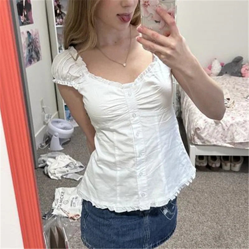 LIZAKOSHT  -  Women Y2k Fairy Coquette Shirt Cute Puff Short Sleeve Button Down Frill Trim Smocked Tops Aesthetic Grunge Streetwear