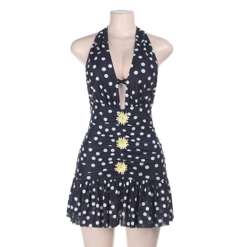 LIZAKOSHT  -  Holiday Style Leisure Sexy Polka Dot Printed Deep V-neck Backless Sleeveless High Waist Lacing Short Dresses Vintage Outfit