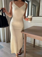 LIZAKOSHT  -  Knitted Tube Long Dress For Women Hollow Out V-neck Sleeveless Waist Cinching Slip Robe 2025 Autumn Elegant Female Party Dresses