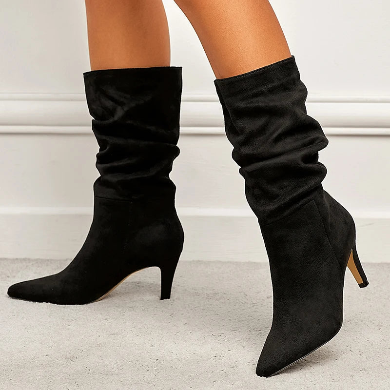 LIZAKOSHT  -  Autumn/Winter New Fashion Pointed Suede Pleated Women's High Heel Mid Sleeve Boots Women's Large Sizes