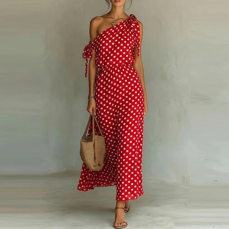 LIZAKOSHT  -  Trendy Asymmetry Slash Collar Polka Dot Print Dress Elegant Tie Up Hollow Out Slim Dress Temperament Lady High Waist Party Dress