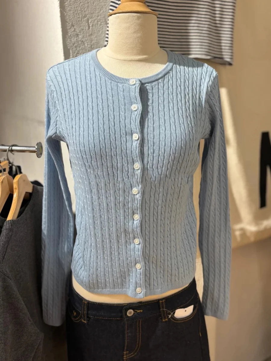 LIZAKOSHT  -   Twsited Knitted Cardigan Women Spring Casual Simple Buttons Jumper Chic Preppy Style Light Blue Sweet Sweaters Y2K