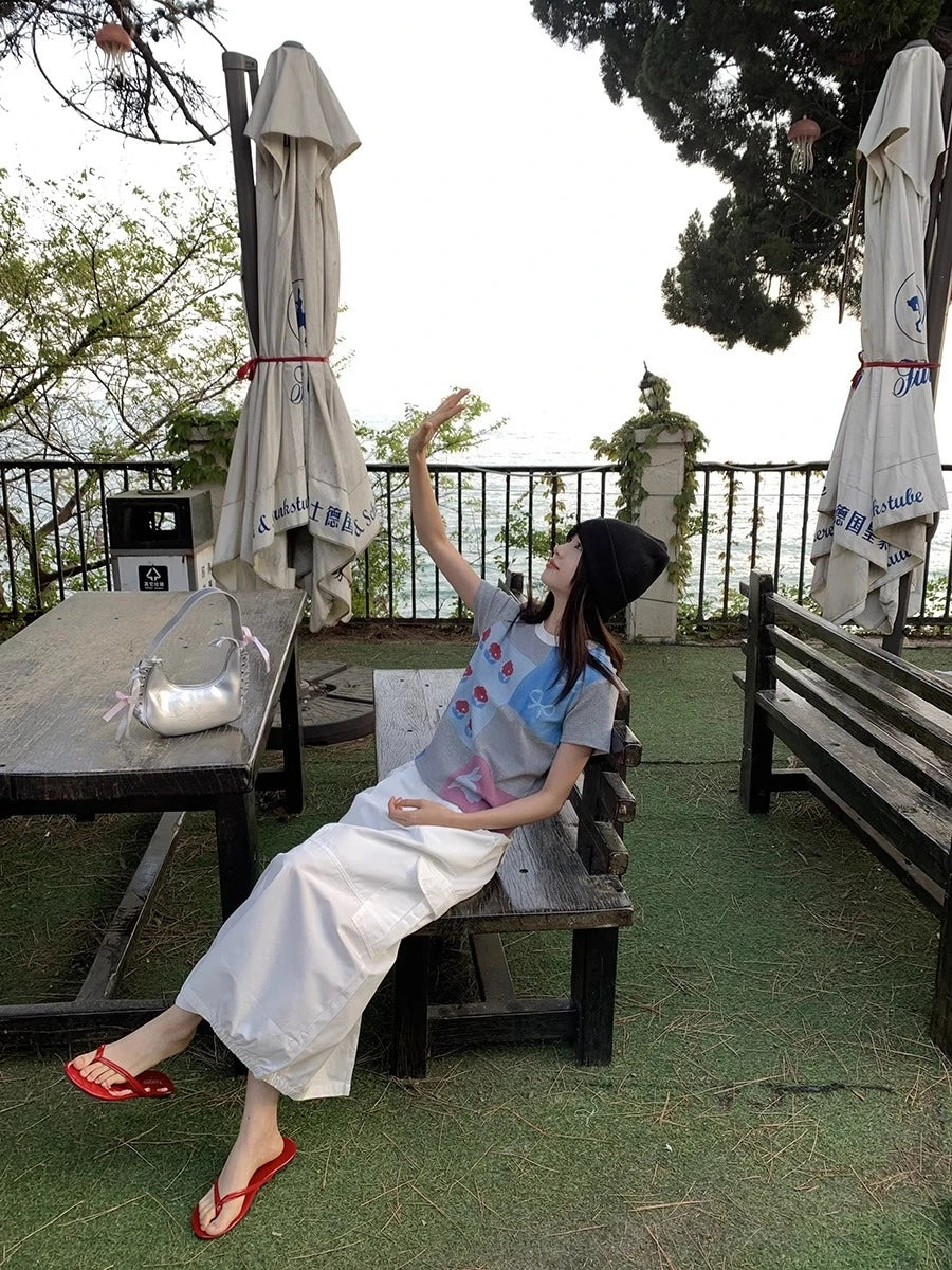 LIZAKOSHT  -  Korean chic  Summer O Neck Short Sleeve Geometric Print Cartoon Slim Women's T-shirts