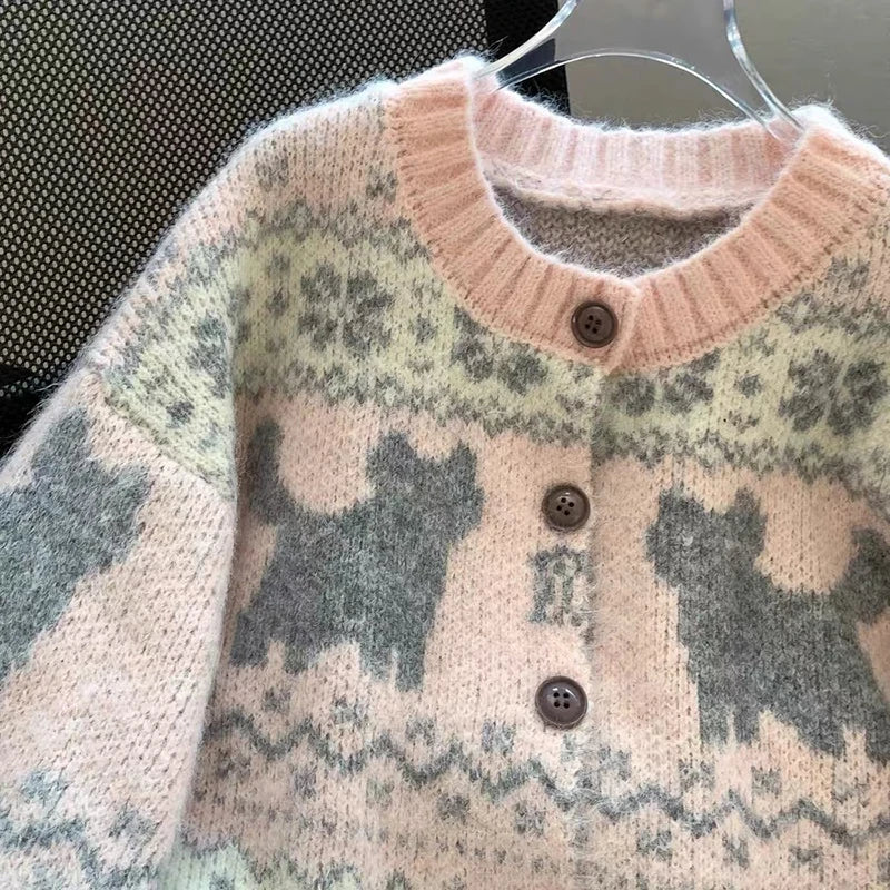 LIZAKOSHT  -  Kawaii Pink Knitted Cardigan Women Harajuku Cartoon Print Sweater Outerwears Korean Knitwears Winter Fashion Cute Jumpers