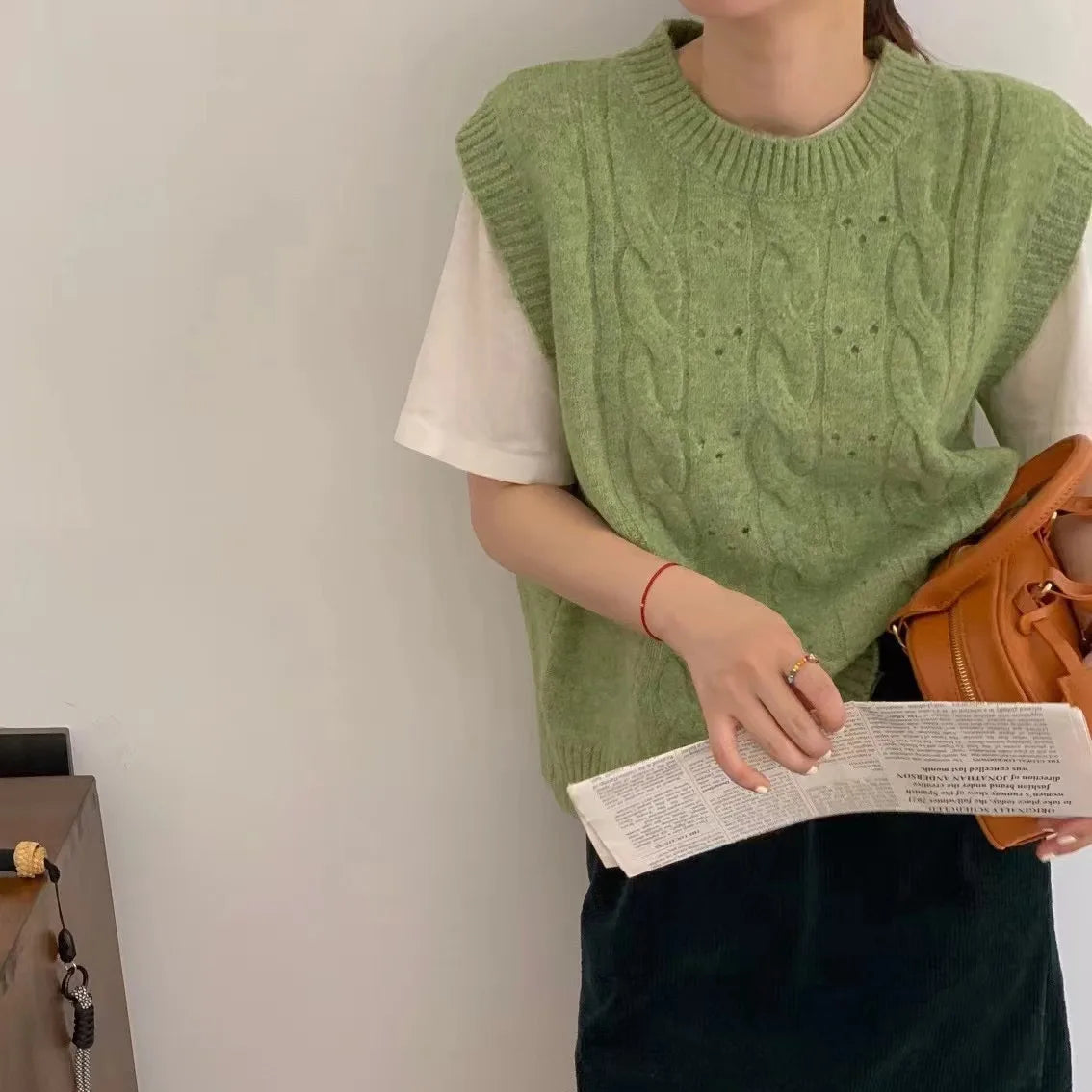 LIZAKOSHT  -  Milk Gentle Crewneck Sweater Vest Female Autumn and Winter New Korean Loose Soft Waxy Waxy Fold Wear Sweater Vest Top