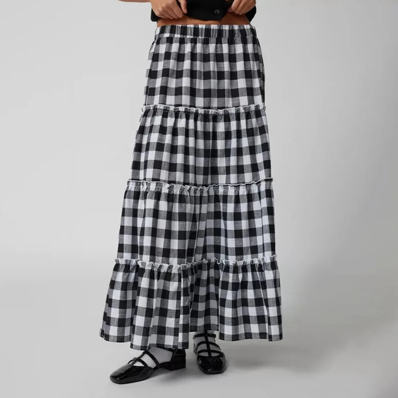 LIZAKOSHT  -  Y2k Women Gingham Tiered Maxi Skirts A Line Ruffle Plaid Midi Skirt Summer Beach Casual Loose Flowy Long Skirt