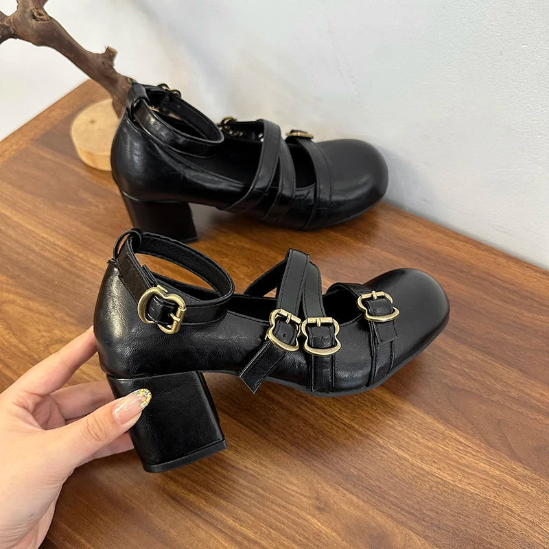 LIZAKOSHT  -  Design Cross Strap Women Mary Jane Shoes Fashion Thick Heel Shoes Autumn Ladies Outdoor Dress Stripper Leather Shoes
