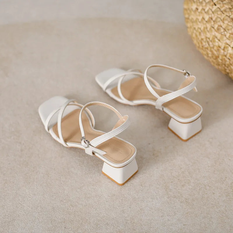 LIZAKOSHT  -  cross band high heels sandals women thick heel summer shoes solid color ankle strap gladiator sandalias de tacón