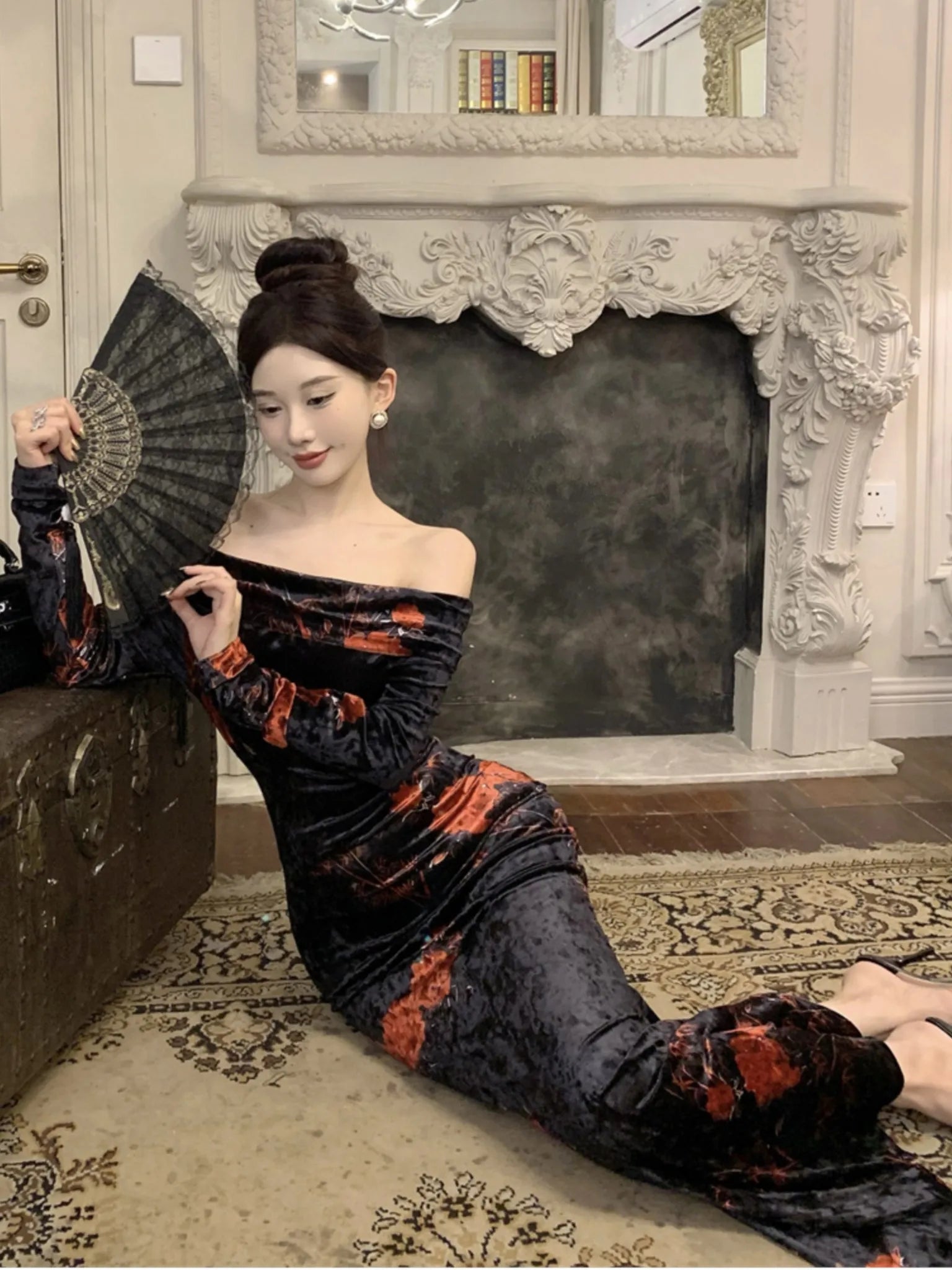 LIZAKOSHT  -  Vintage Floral Printed Slash Neck Bodycon Dress Women Sexy Elegant Long Sleeve Velvet Robe Autumn Winter Ladies Party Vestidos