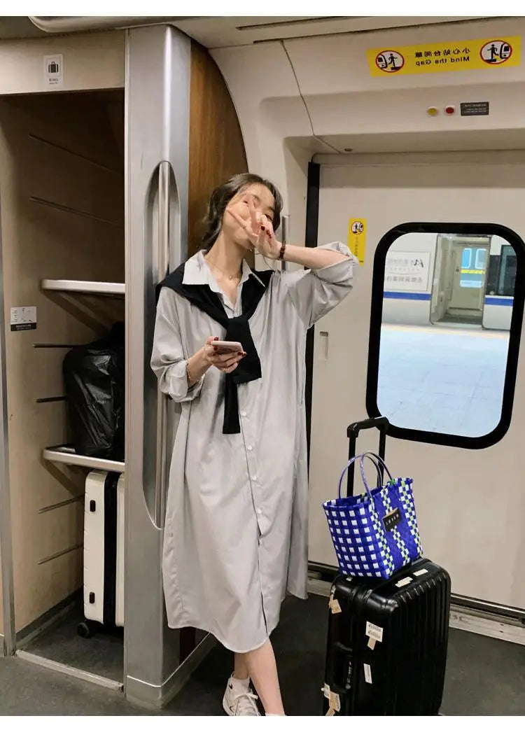 LIZAKOSHT  -  Autumn Simple Versatile Hong Kong Style Retro Chic Women's Set Korean Striped Shirt Dress High-end Black Shawl for Women