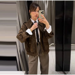 LIZAKOSHT  -  Casual Brown Women Coat Elegant Lapel Zippers Button Big Pocket Female Jacket 2025 Spring Autumn Elegant Lady Streetwear