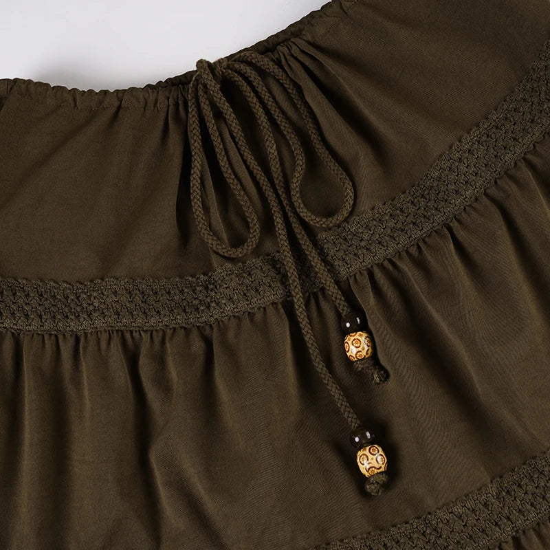 LIZAKOSHT  -  Vintage A-Line Beaded Tie-Waist Woven Skirt For Woman Chic Brown Lace Design Slim Mid-length Skirt Y2k Boho Clothes New