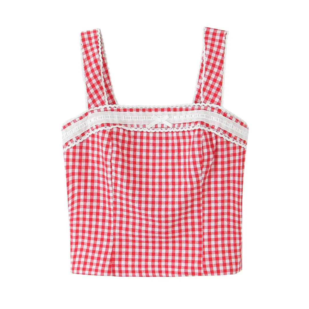 LIZAKOSHT  -  Women Strap Back Smocking Eloise Linen Top Tomato Check