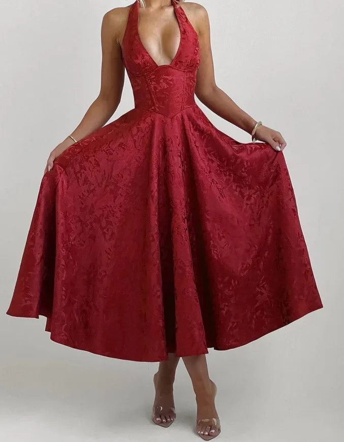 LIZAKOSHT  -  Women Clothing Sexy Sleeveless Lace-Up Halter Neck Backless Dress Elegant Evening Party Long Dress Summer New Arrivals