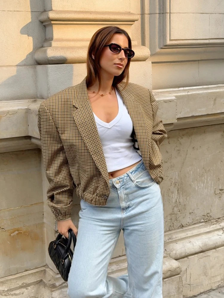 LIZAKOSHT  -  Vintage Plaid Suit Women 2025 Autumn Long Sleeve Single Button Short Blazers Office Lady Loose Cropped Top Outerwears