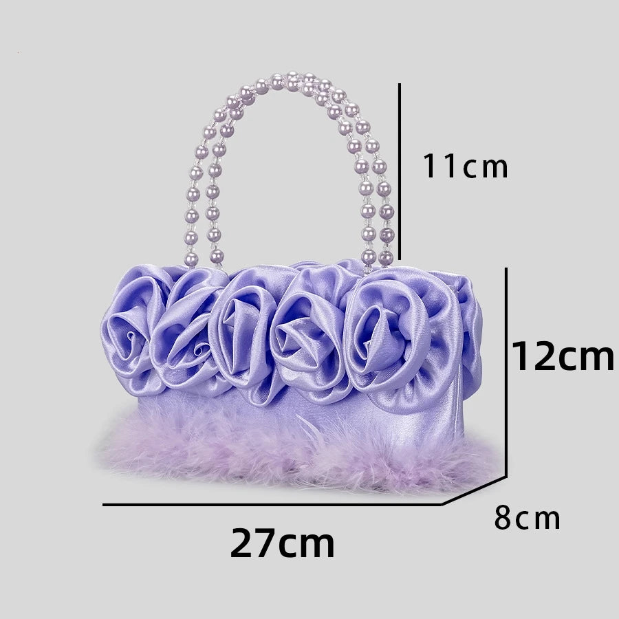 LIZAKOSHT  -  Trendy Designer Stain Flower Evening Handbags and Purses New Feather Fur Wedding Clutch Pearl Handle Totes High Quality