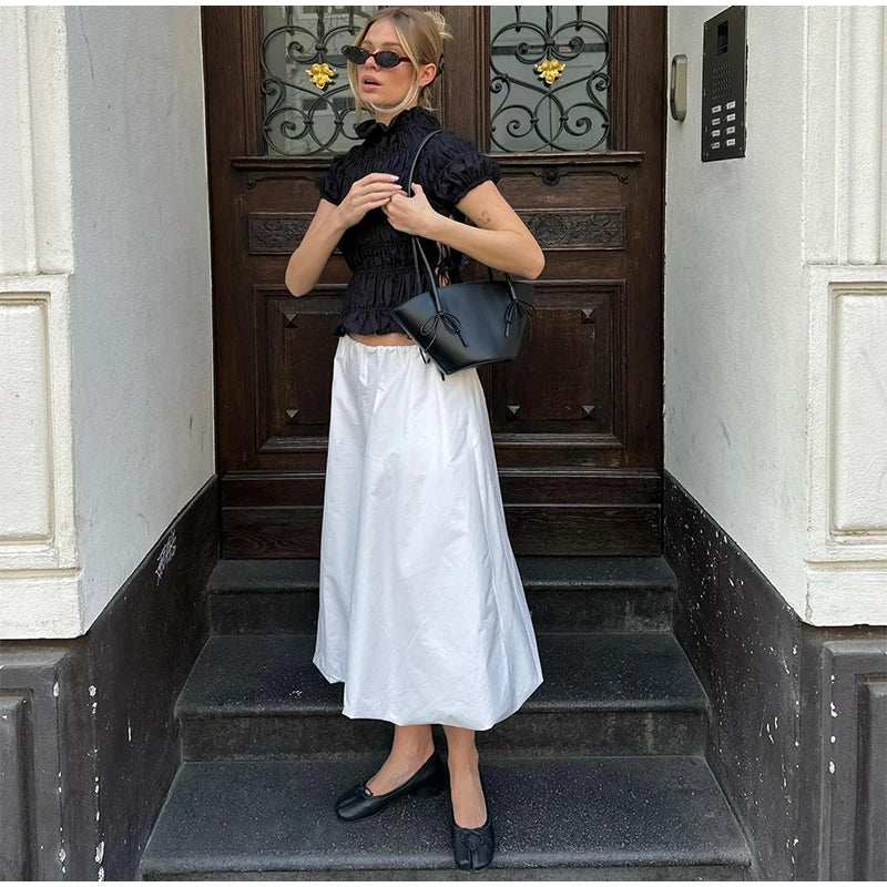 LIZAKOSHT  -  Elegant Pleated Lace Up Top Women Hallow Out Solid Short Sleeve High Neck Shirts Female Spring summer Versatile Street Tops